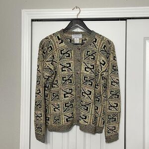 Vintage Peruvian South Cotton Hand Knit Chunky Folk Art Cardigan Sweater Bolivia